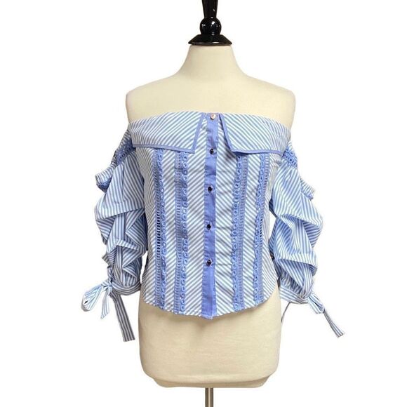 Blue & White Stripe Off The Shoulder Puff Sleeve Top Size Medium - Picture 1 of 6